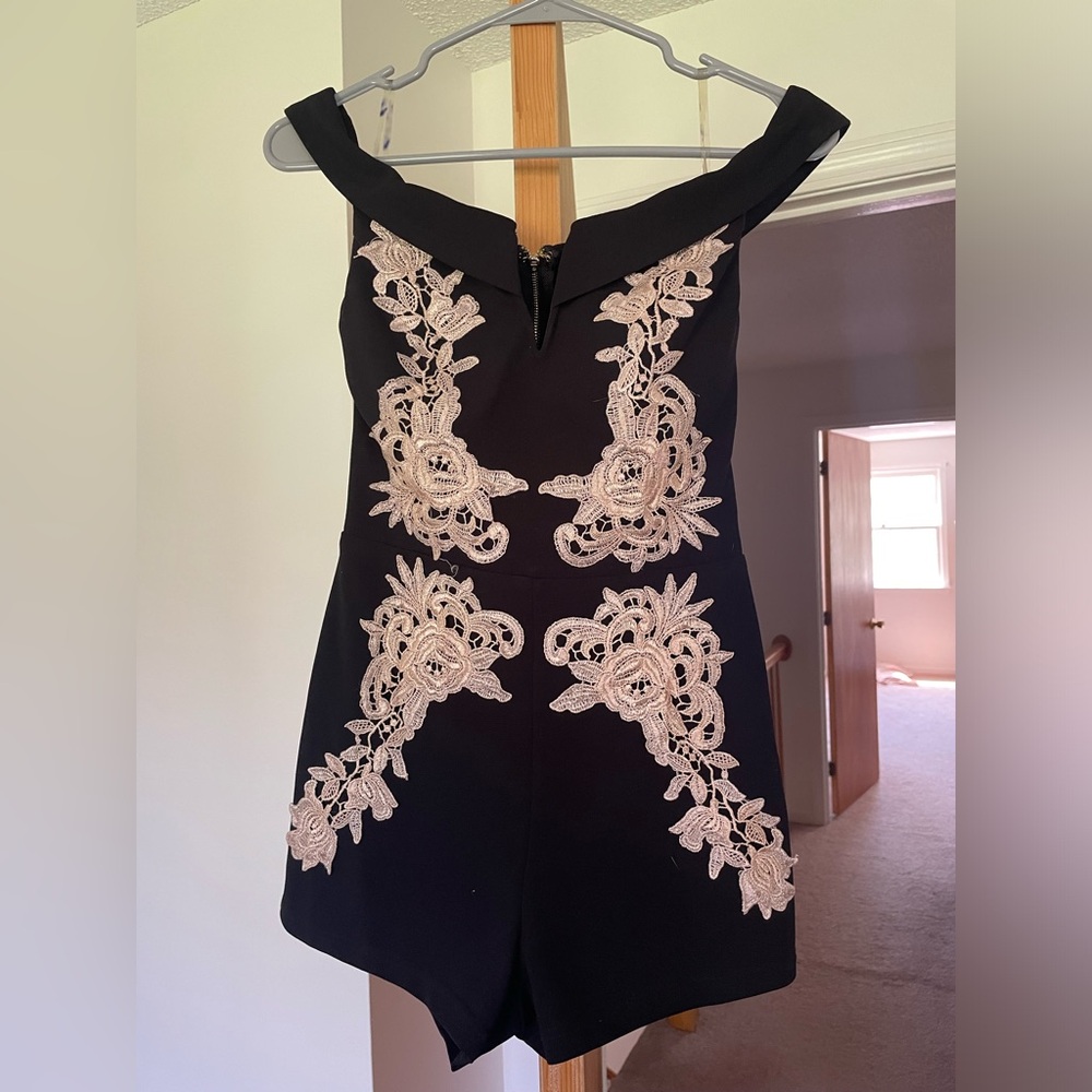 Valiant Paris off the shoulder black shorts romper with lace detail in size S